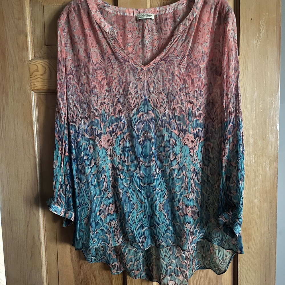 Lucky Brand, Sheer Pink, Blue, Greeb Patterned Blouse